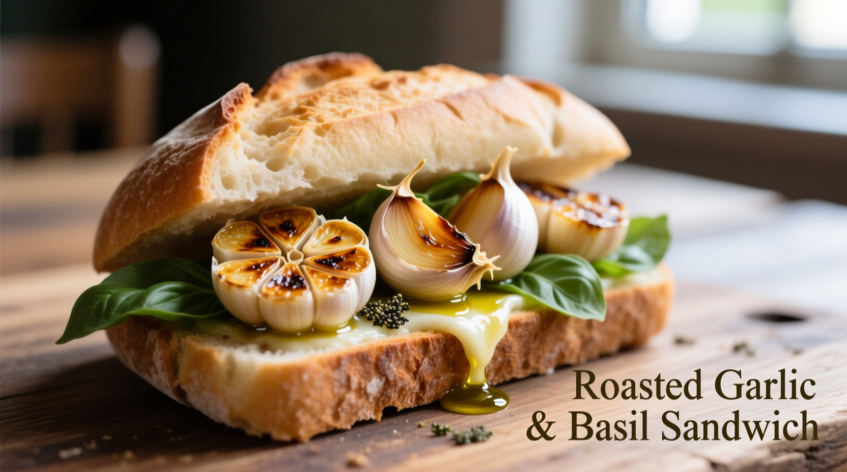 Customized garlic sandwich with visible roasted garlic cloves