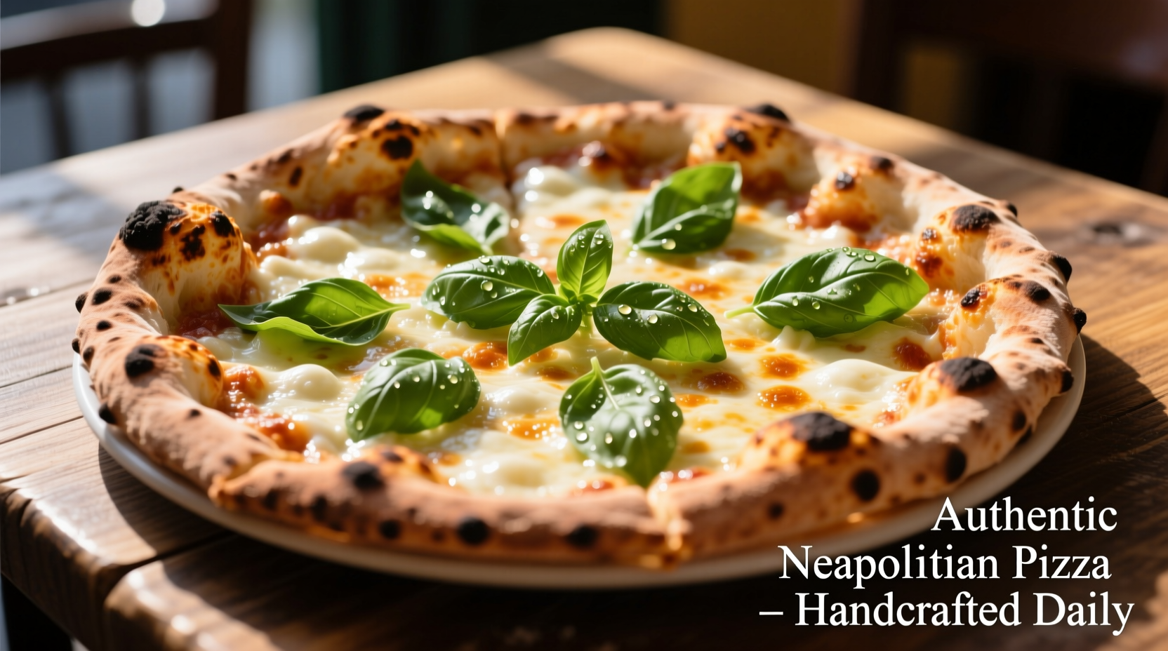 Neapolitan pizza with bubbling cheese and fresh basil