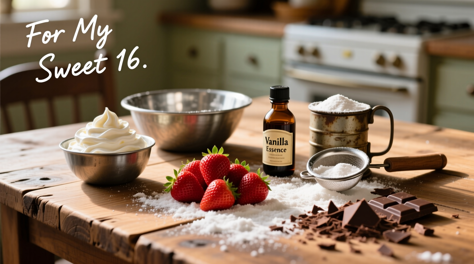 Birthday cake ingredients on wooden table