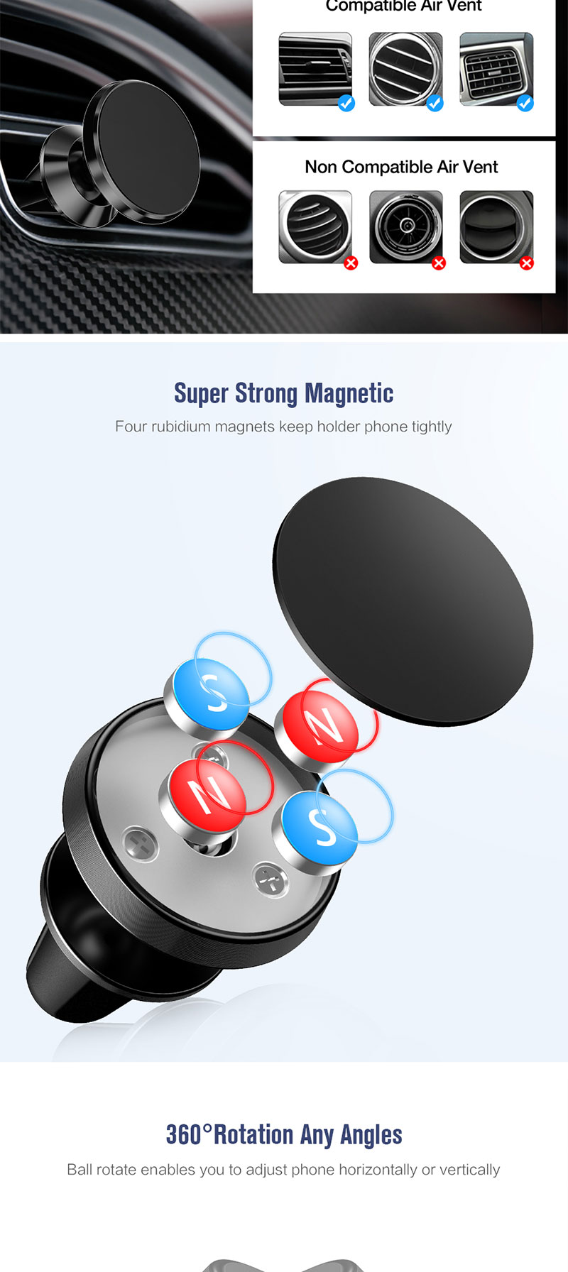EONLINE 360 Supporto magnetico per telefono con presa d'aria Supporto per telefono magnetico per auto con supporto universale per navigazione GPS per auto