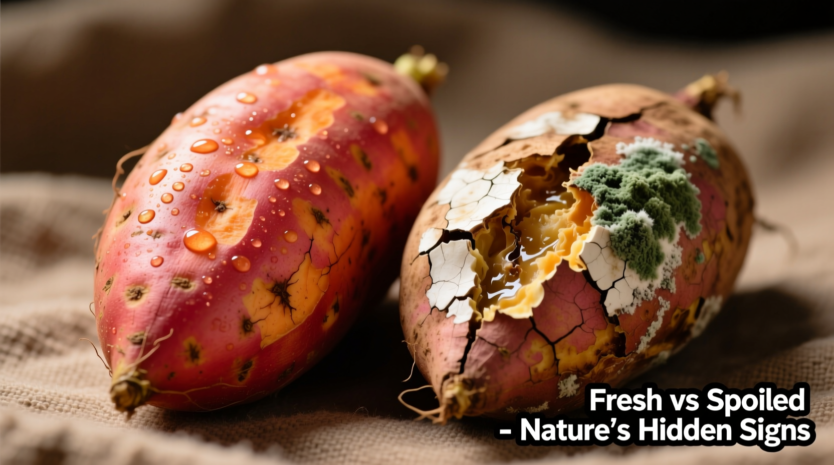 Close-up of fresh versus spoiled sweet potatoes side by side