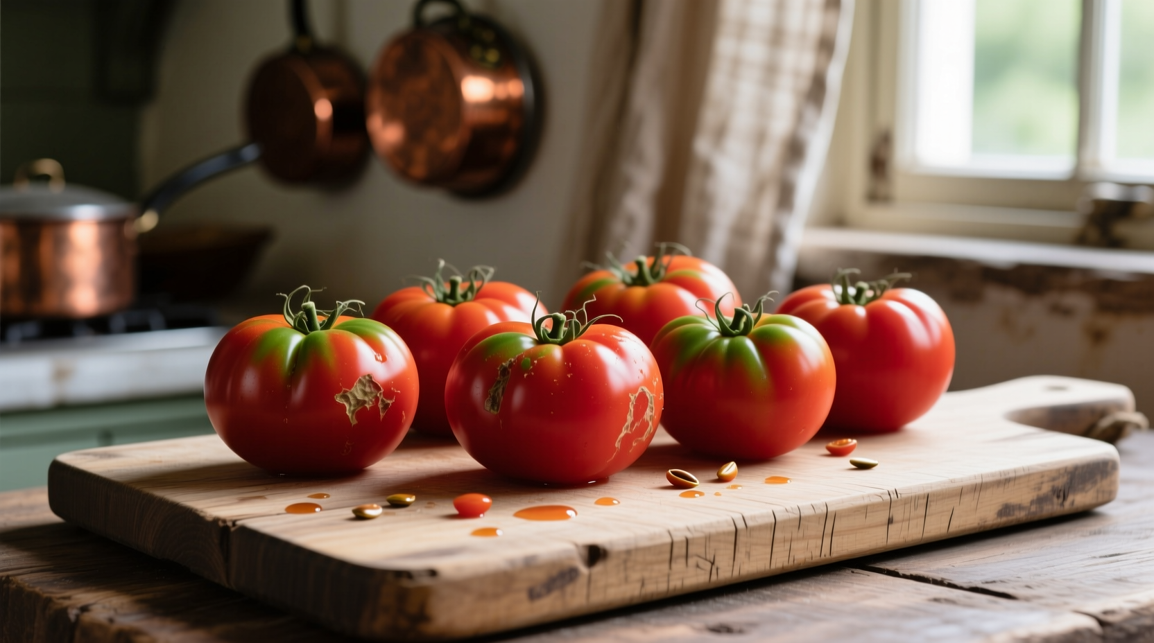 Roma tomatoes arranged on wooden cutting board