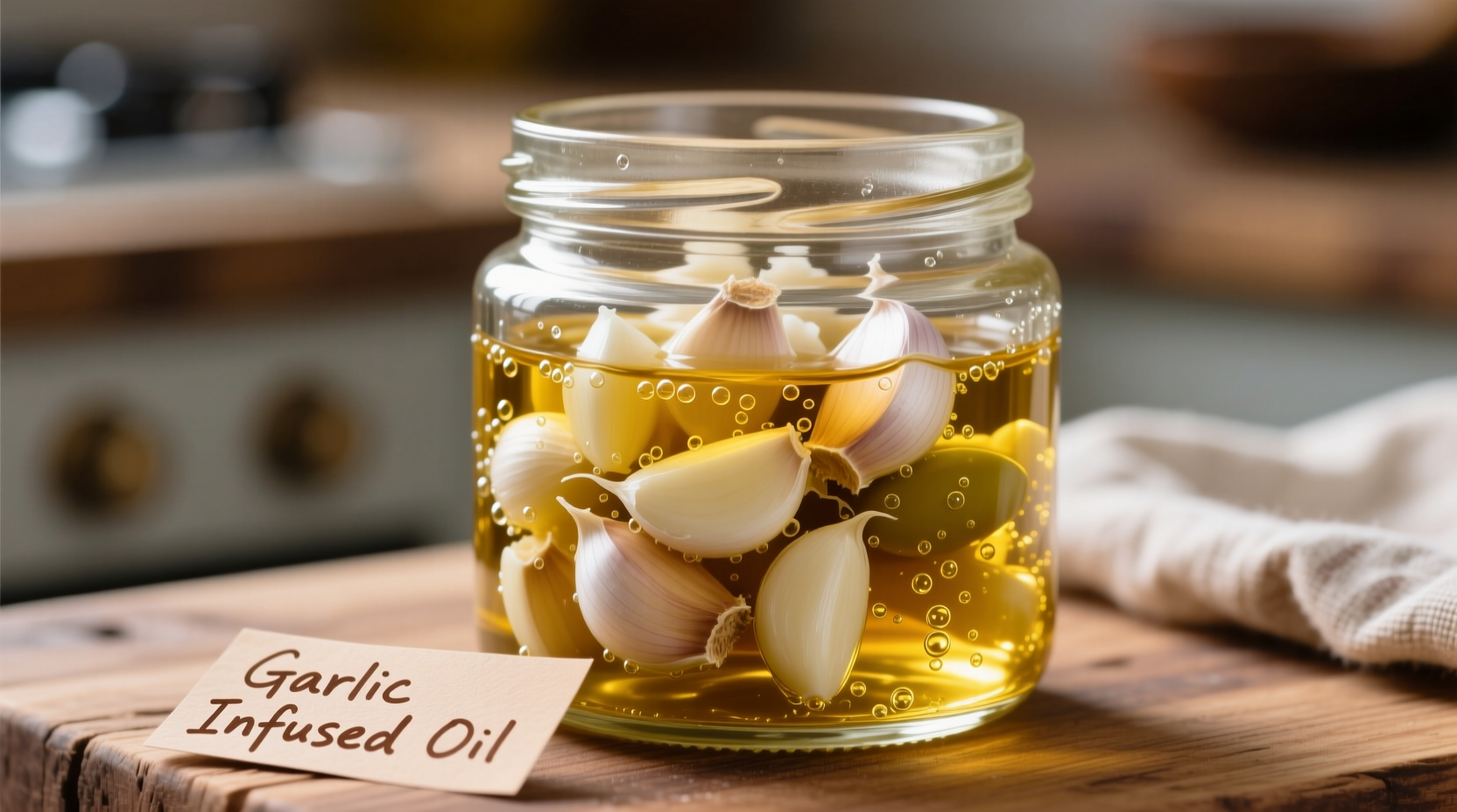 Chopped garlic stored in glass container with olive oil