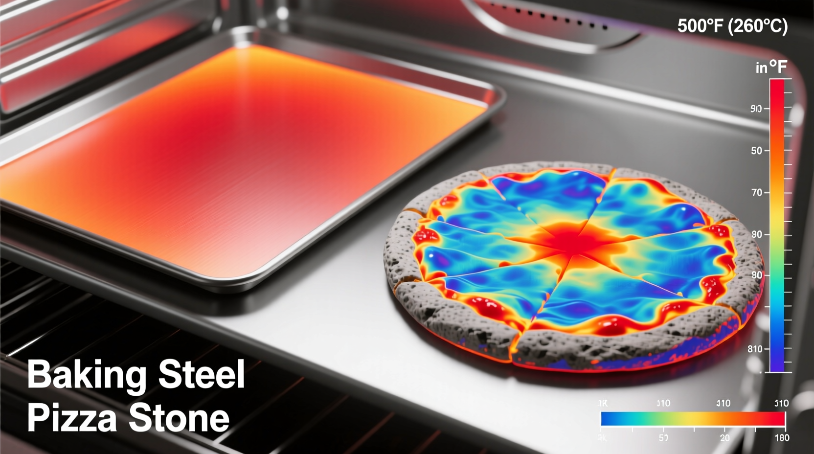 Side-by-side thermal imaging of baking steel and pizza stone during preheat: steel shows uniform red-orange gradient; stone shows cooler edges and hot center spot, indicating uneven heat distribution