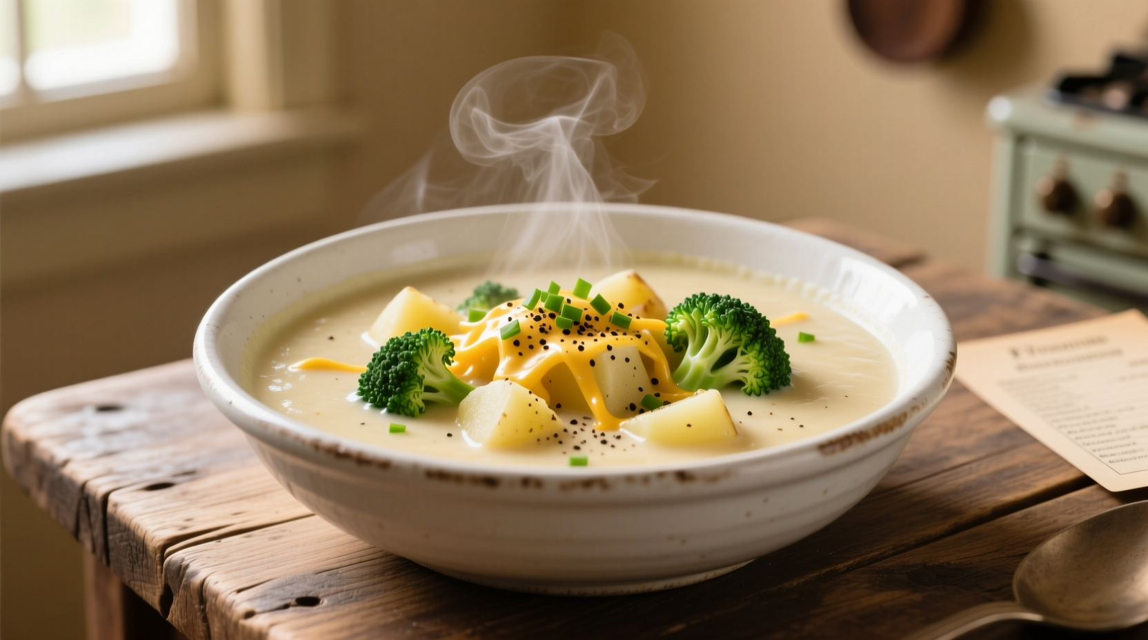 Creamy broccoli cheese potato soup in white bowl