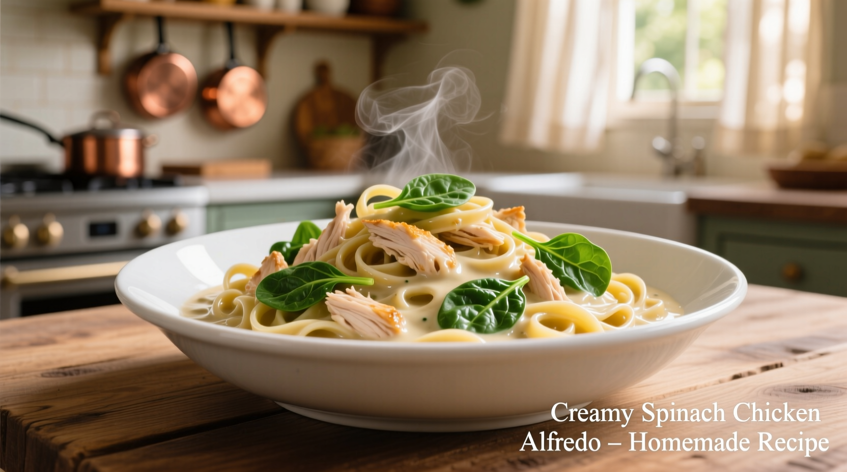 Creamy spinach chicken alfredo in white bowl