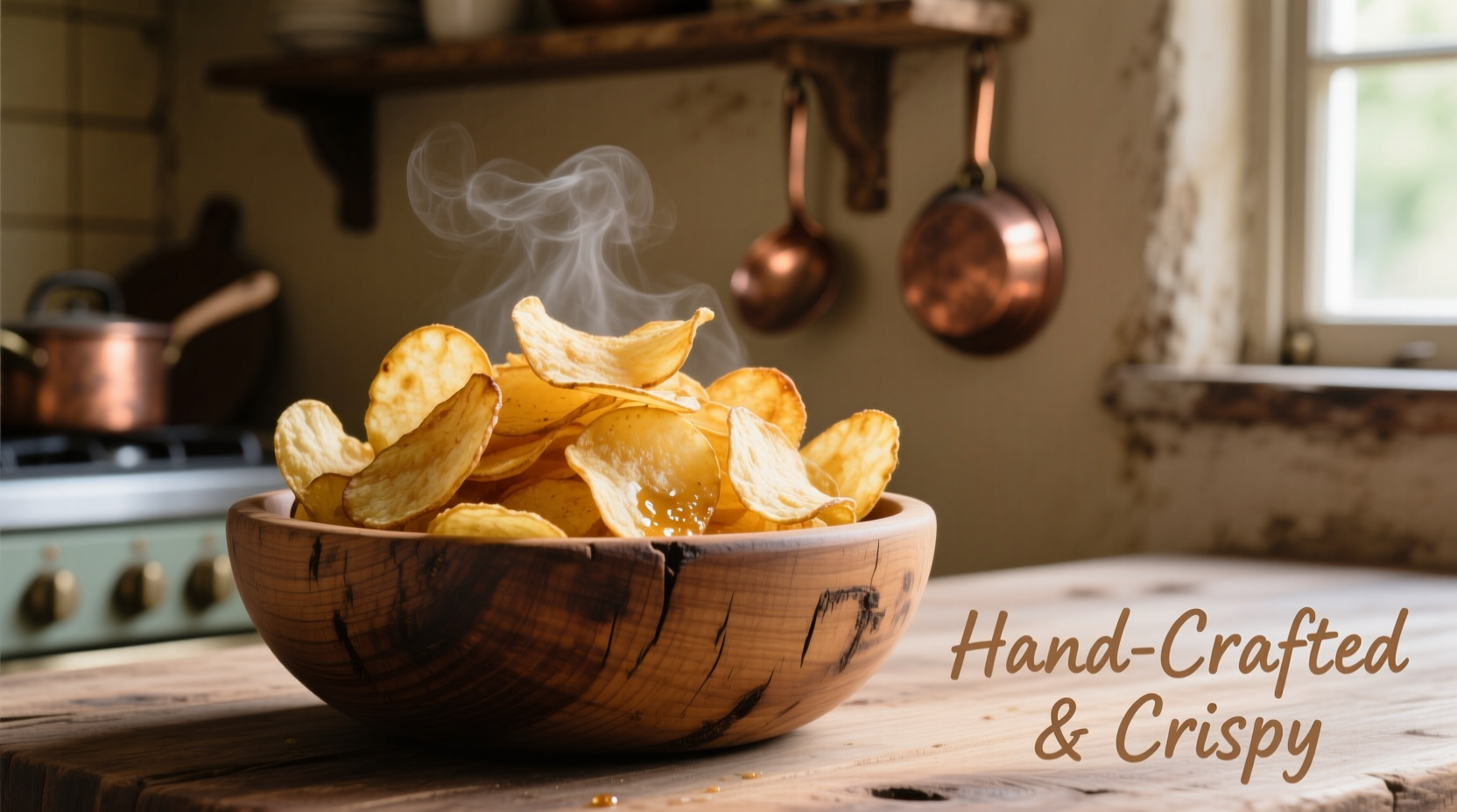 Kettle cooked potato chips in rustic wooden bowl