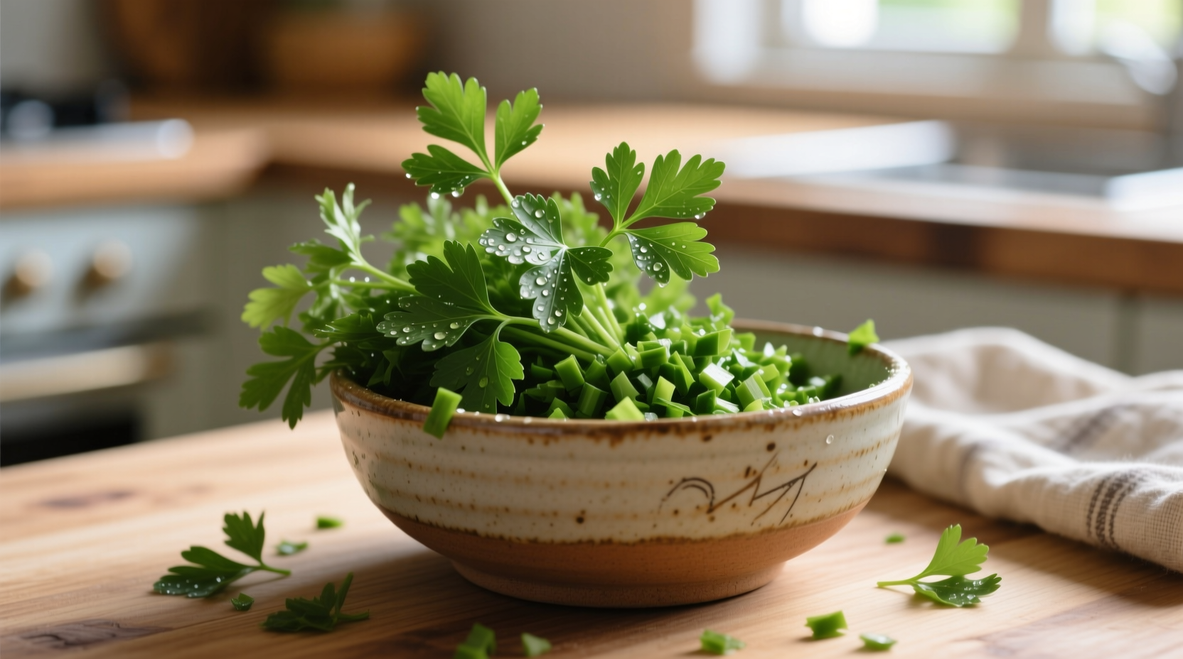 Fresh parsley bunch with chopped leaves in bowl