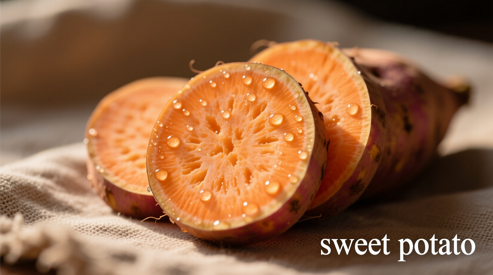 Sweet potato slices showing internal orange flesh