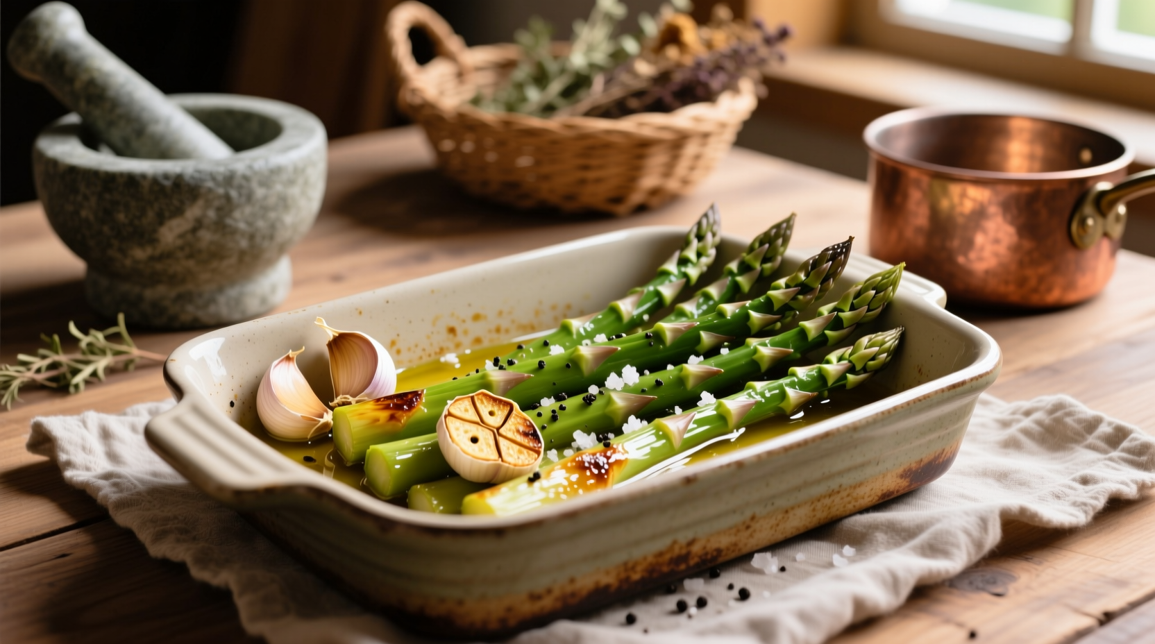 Fresh asparagus roasted with garlic cloves