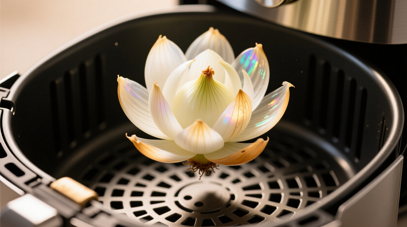 Perfectly bloomed onion in air fryer basket