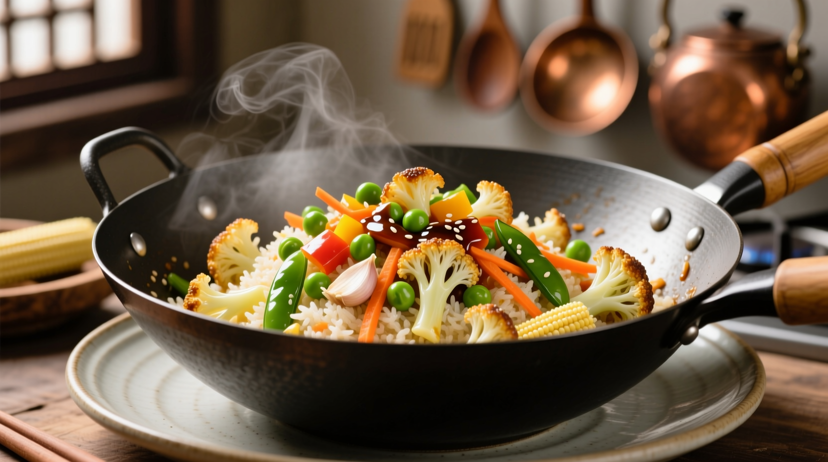 Cauliflower fried rice in wok with vegetables