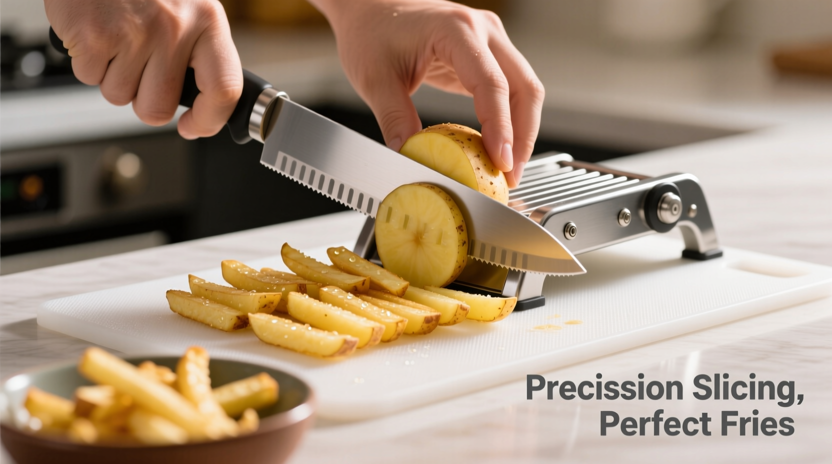 Professional mandoline slicer cutting potatoes for fries