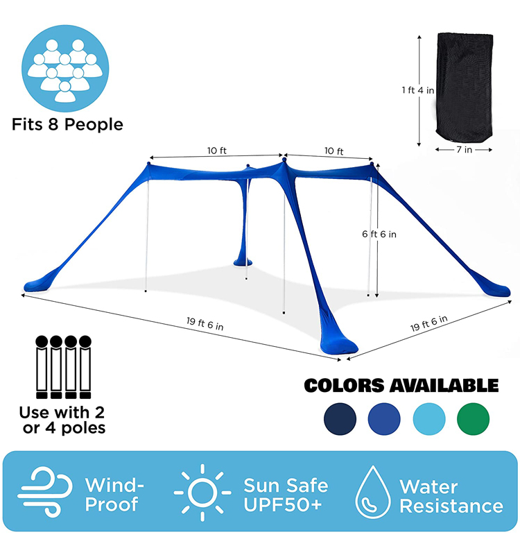 2020 New Design Portable Huge Lycra, Fabric Aluminium Pole Rod Quick Setup Windproof Uv Protect Large Family Beach Tarp Shade/