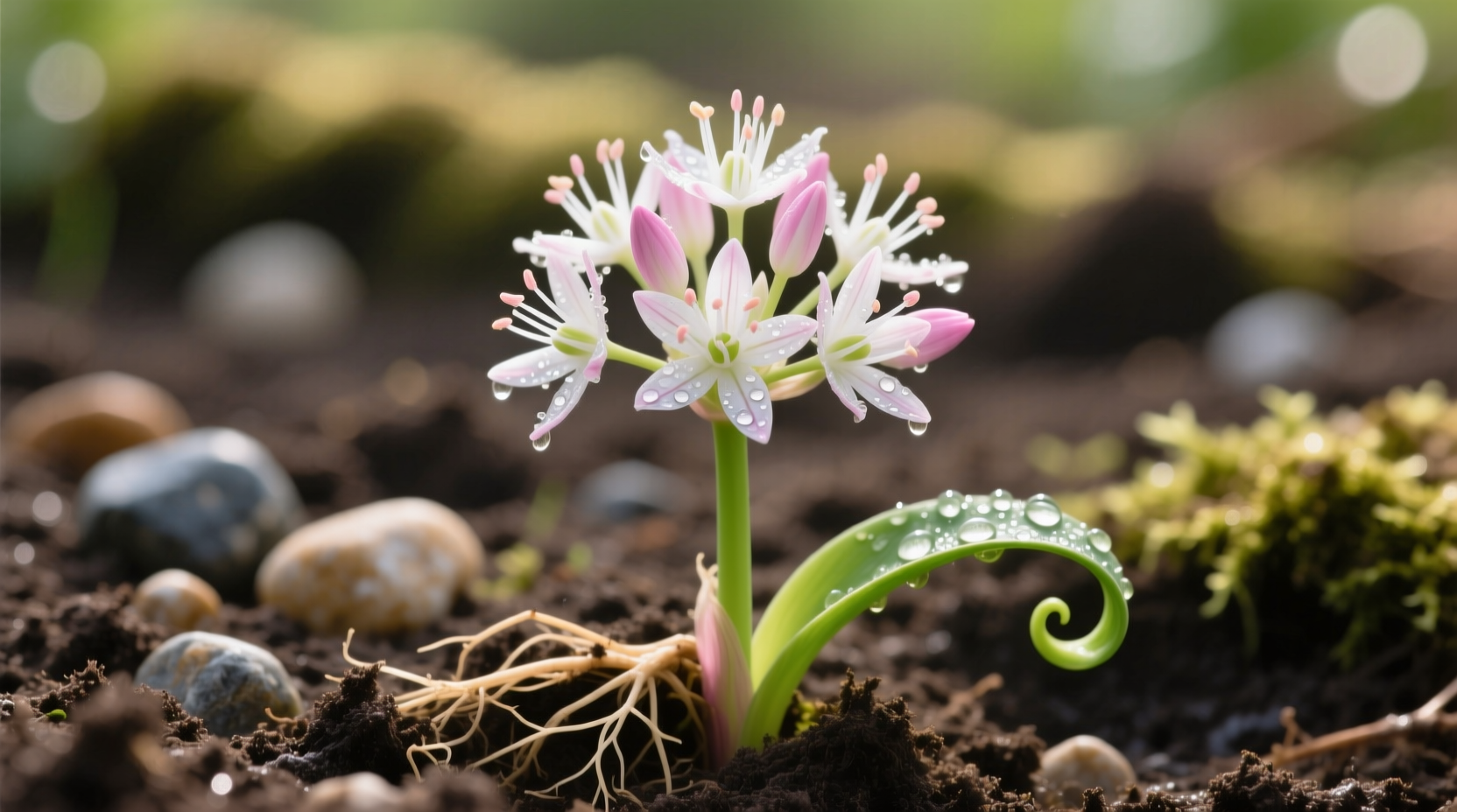 Close-up of flowering leek plant in garden soil