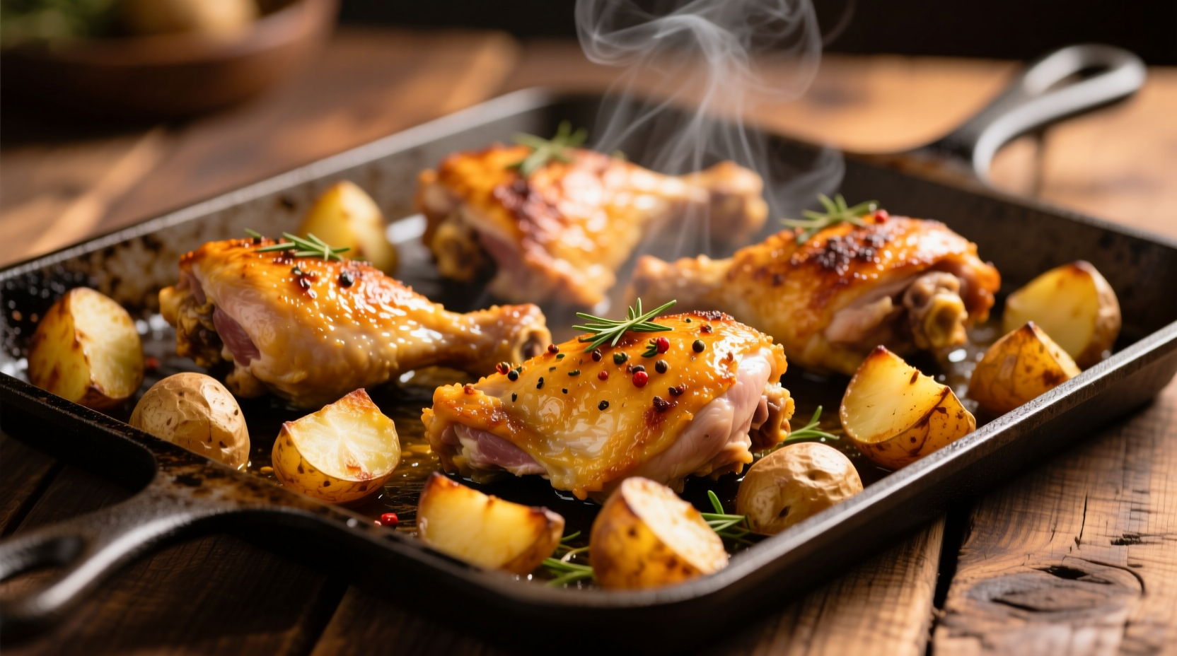 Golden baked chicken thighs with crispy potatoes on sheet pan