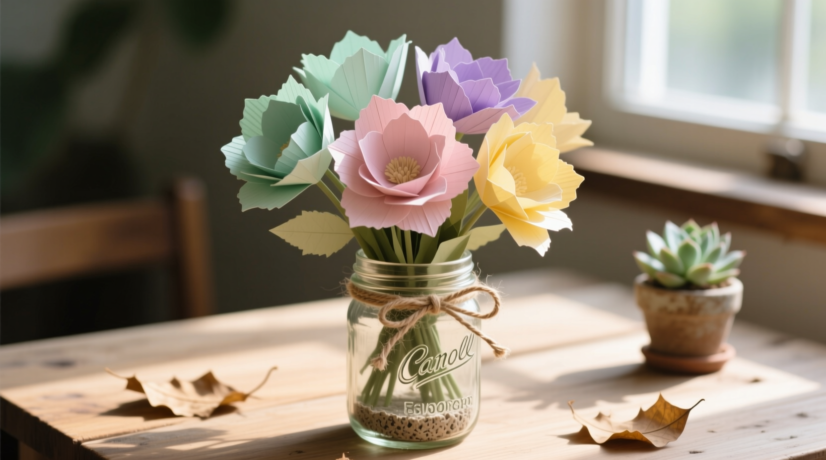 Finished eco-friendly paper flower bouquet in mason jar