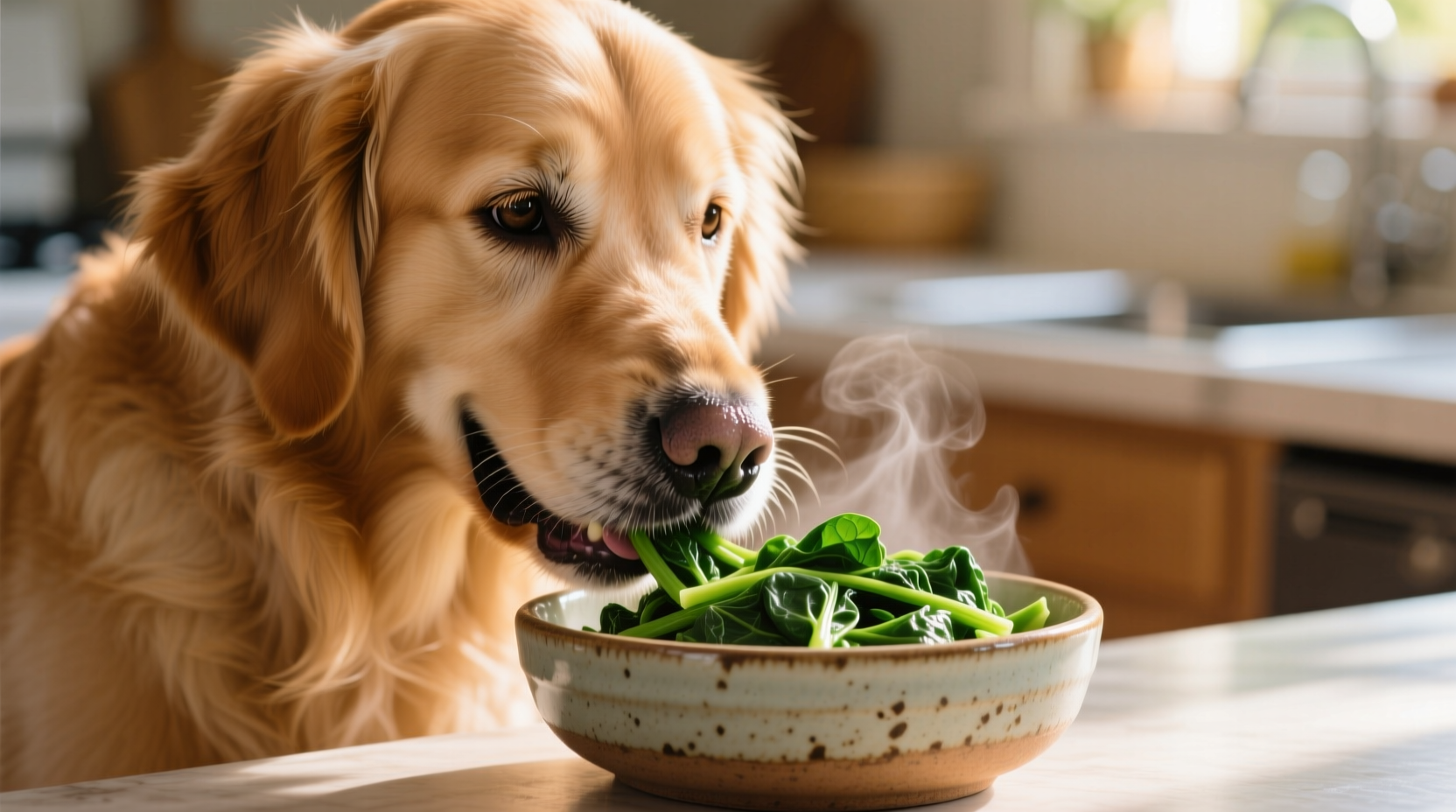 Golden Retriever eating cooked spinach from bowl