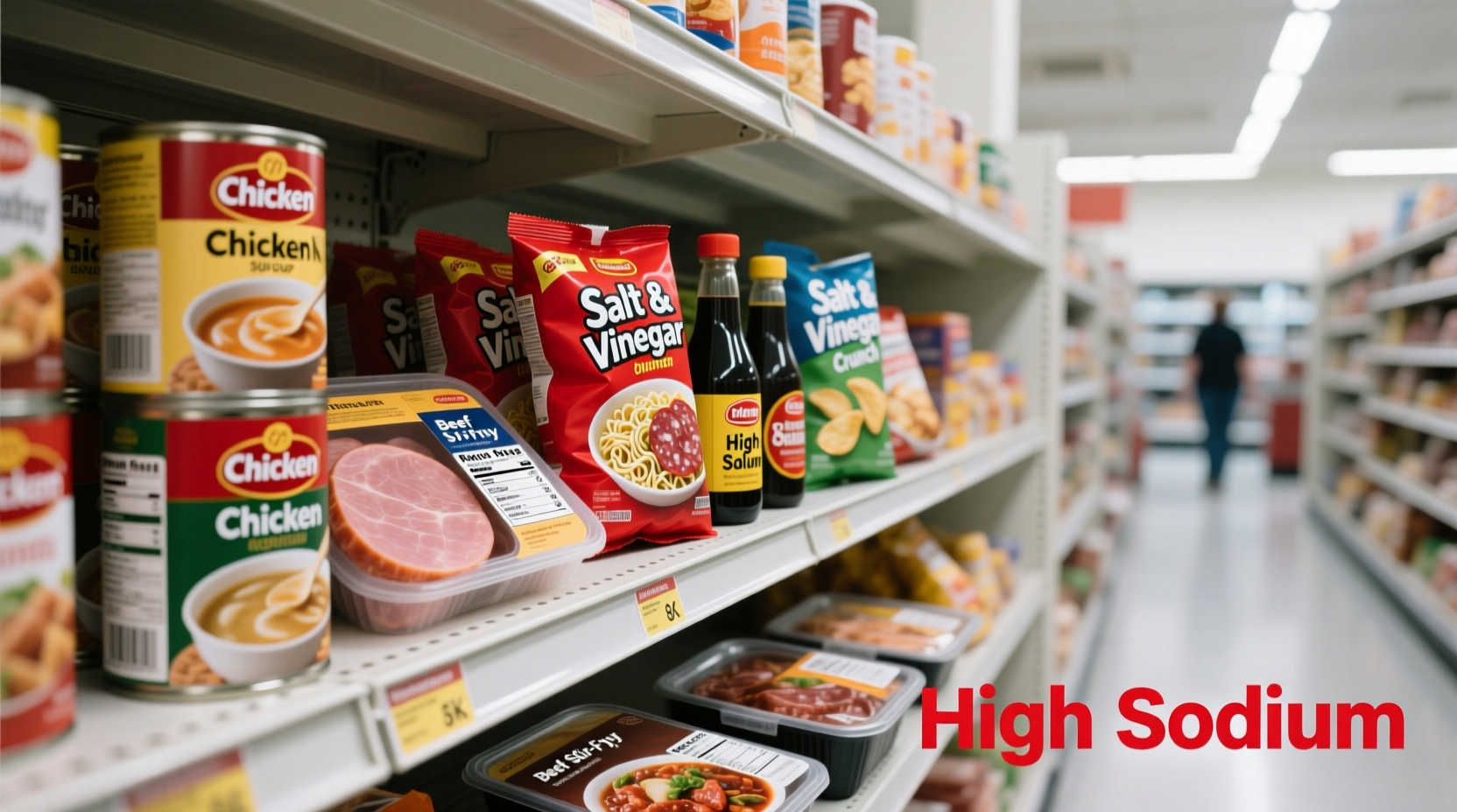 Common high-sodium food items on grocery shelves