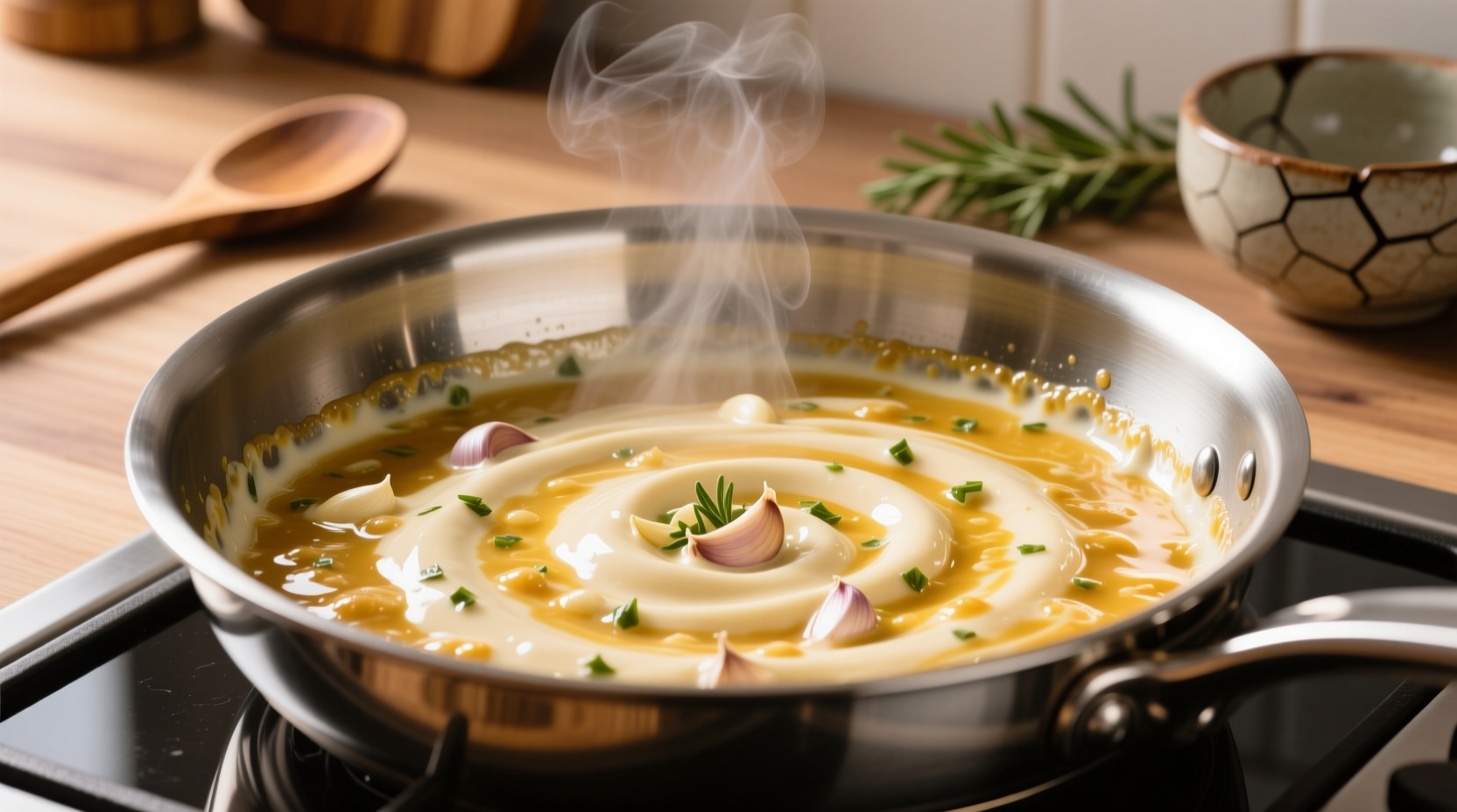 Homemade garlic cream sauce in stainless steel pan