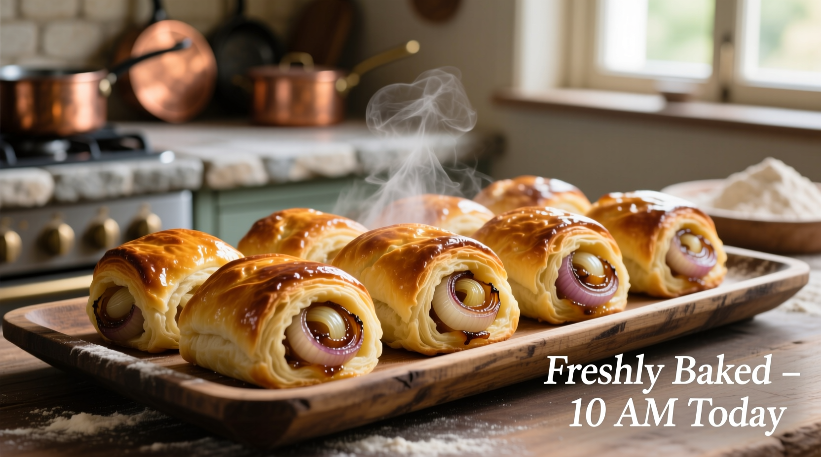 Freshly baked golden onion rolls on a wooden tray