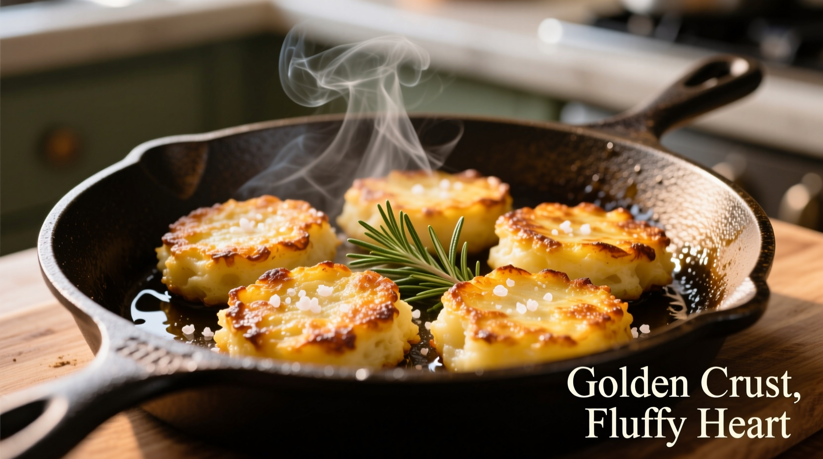 Crispy golden potato cakes on cast iron skillet