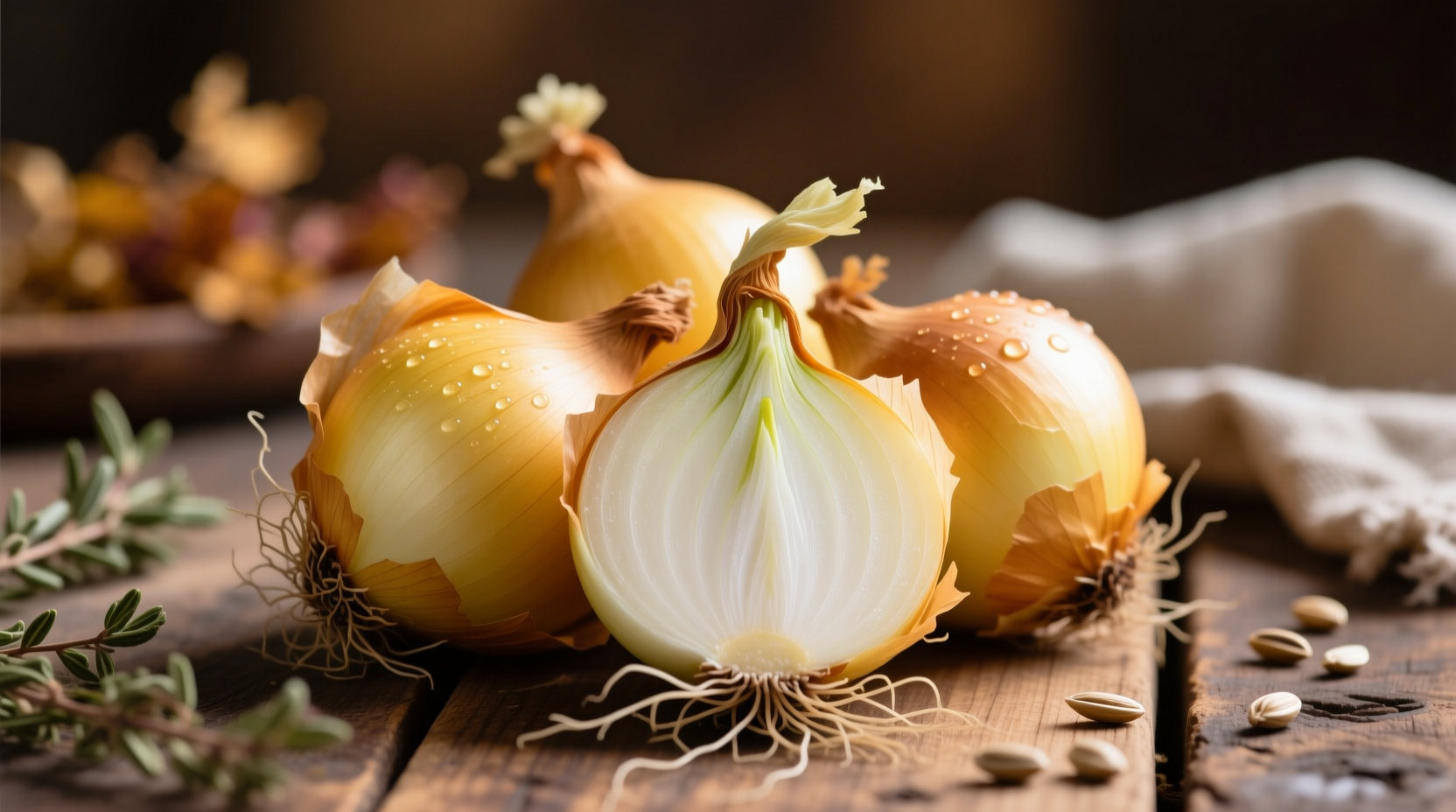 Fresh yellow bulb onions with roots and papery skin