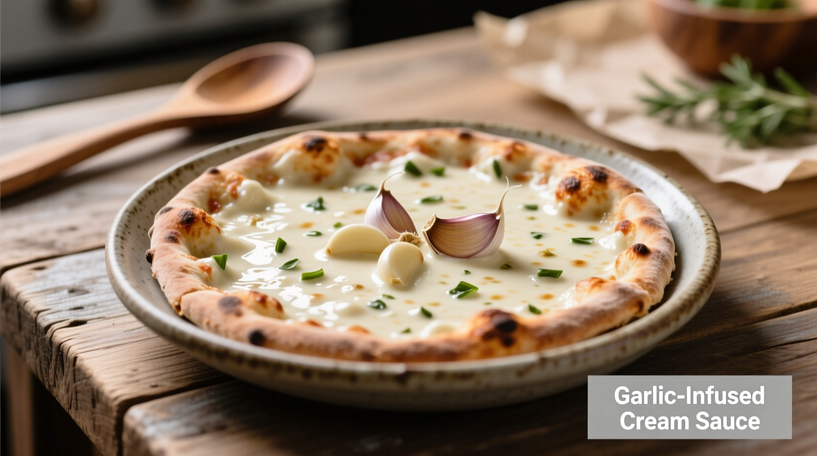 Creamy white garlic pizza sauce in bowl with garlic cloves