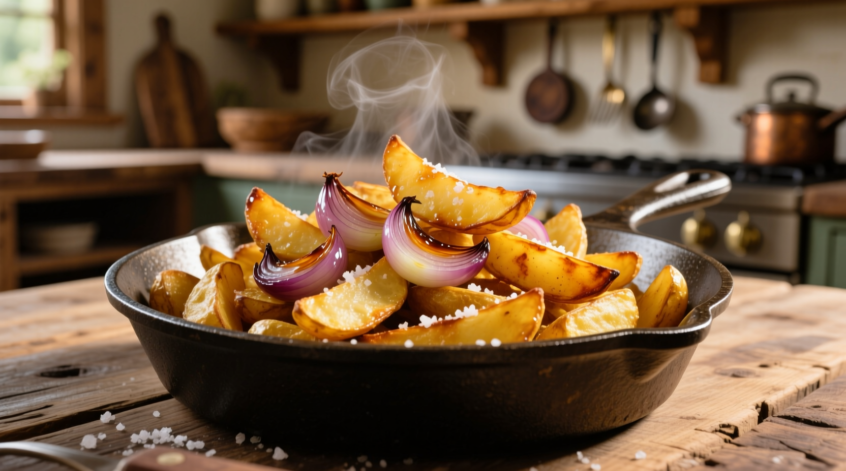 Golden fried potatoes with caramelized onions in cast iron skillet