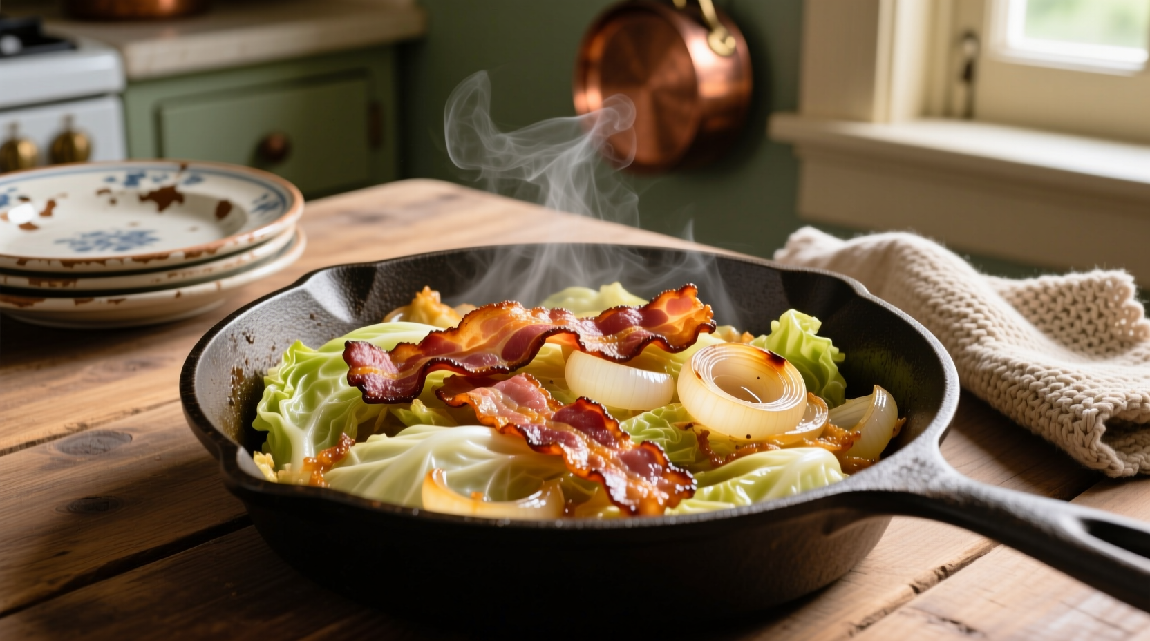 fried cabbage bacon onion