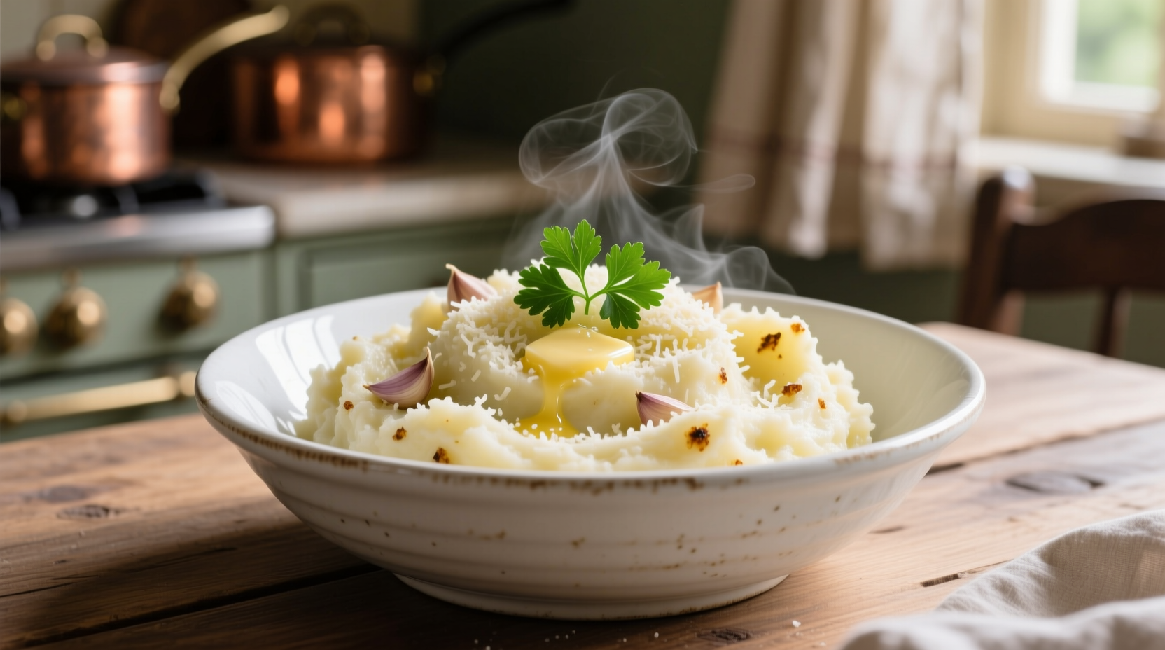 Creamy garlic parmesan mashed potatoes in white bowl