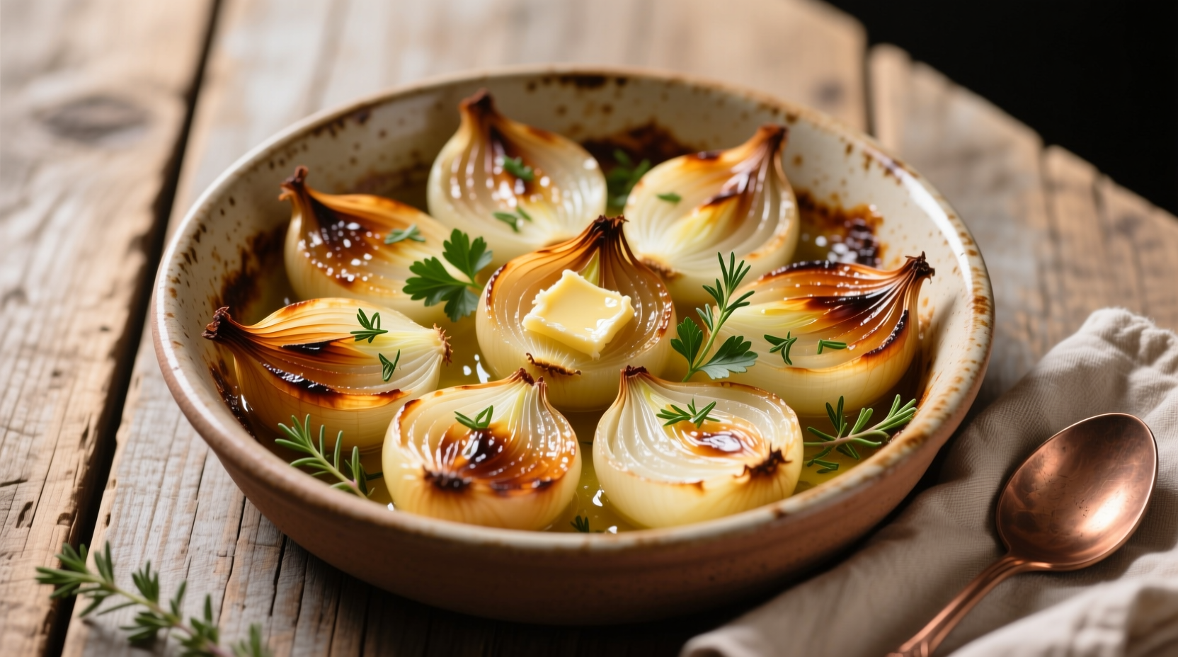 Golden baked onions with herbs in ceramic dish