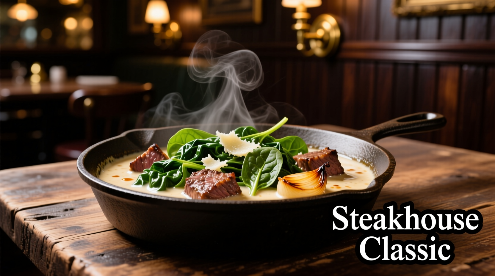 Creamy steakhouse spinach in cast iron skillet