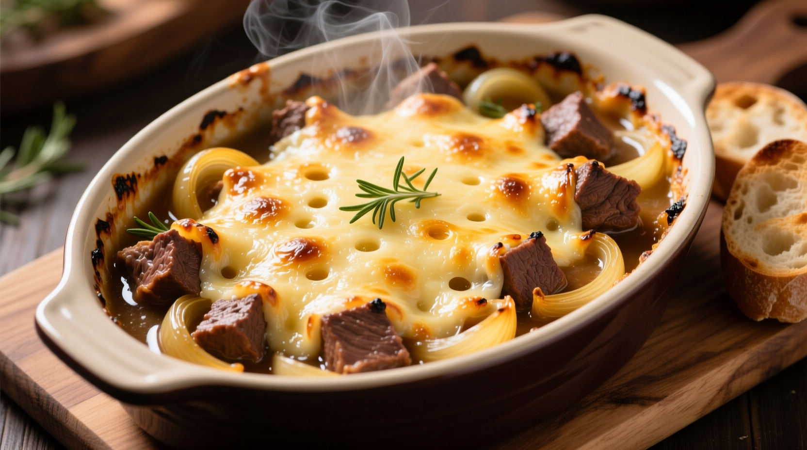 Golden French onion beef casserole with melted cheese topping