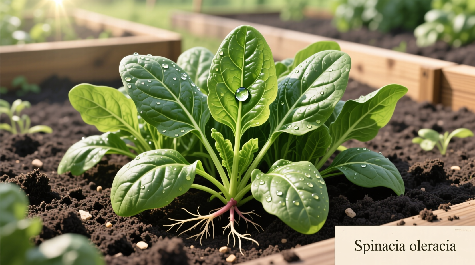Spinach plants growing in well-prepared garden soil