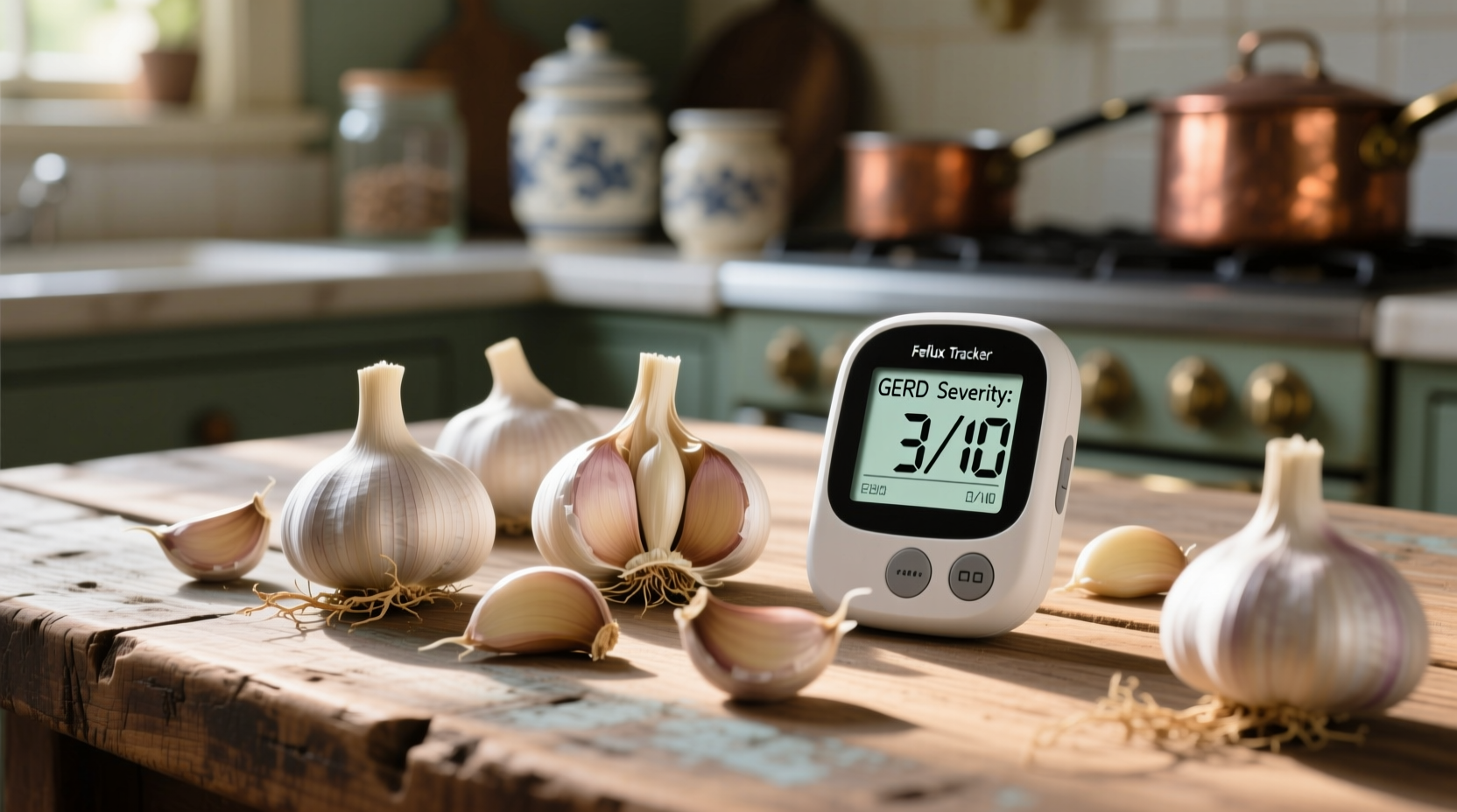 Garlic cloves next to reflux symptom tracker