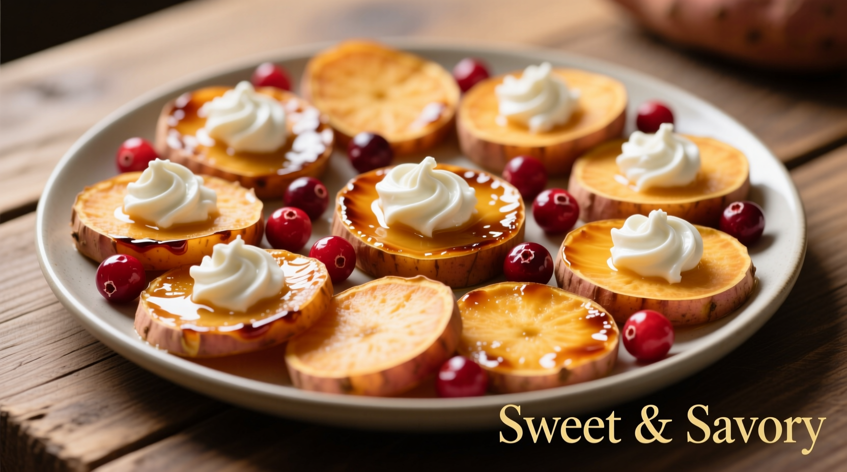 Golden sweet potato rounds topped with white goat cheese and red cranberries
