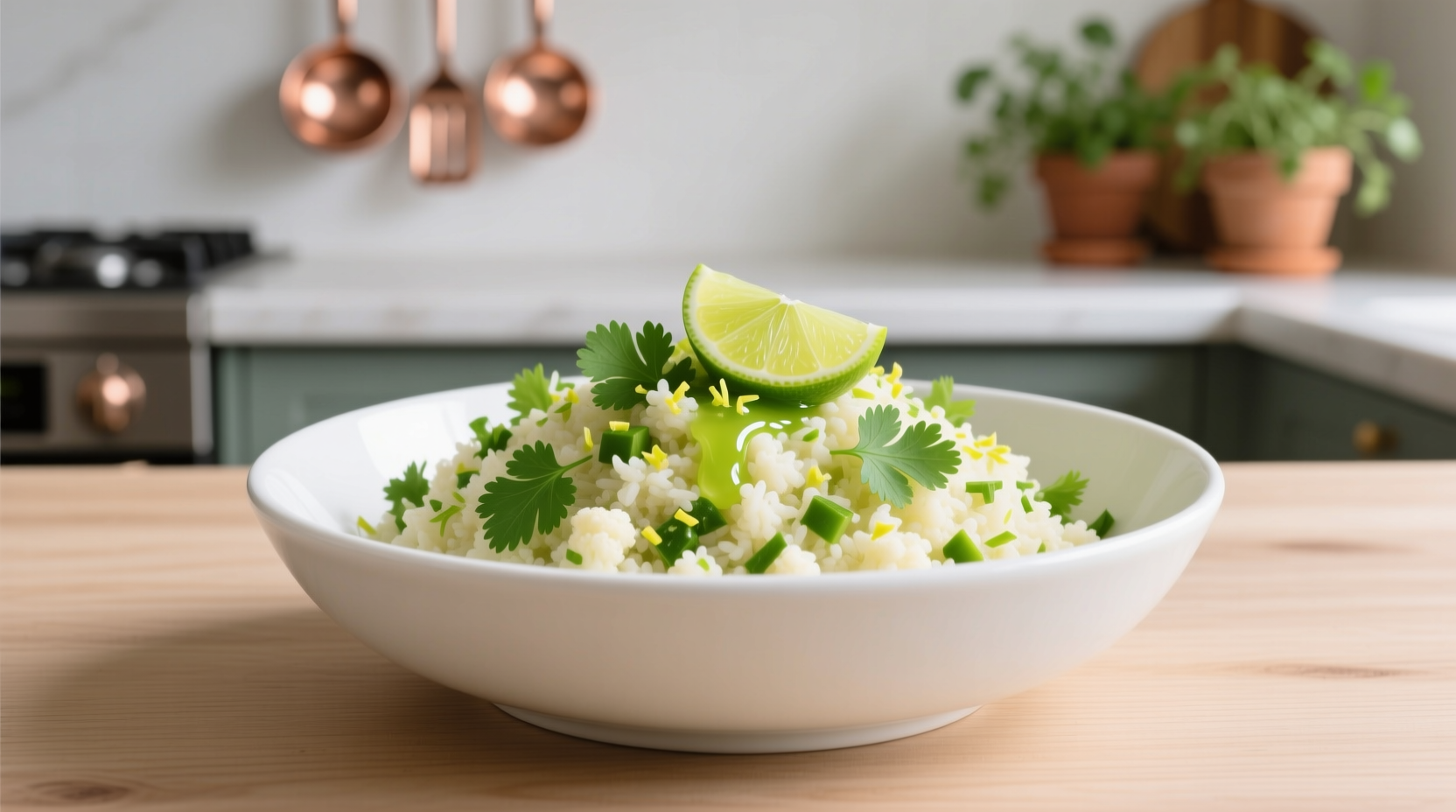 Fresh cilantro lime cauliflower rice in white bowl