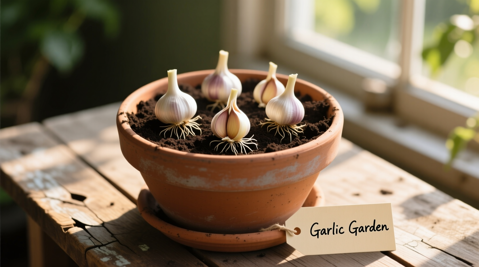 Garlic cloves planted in terracotta pot with soil