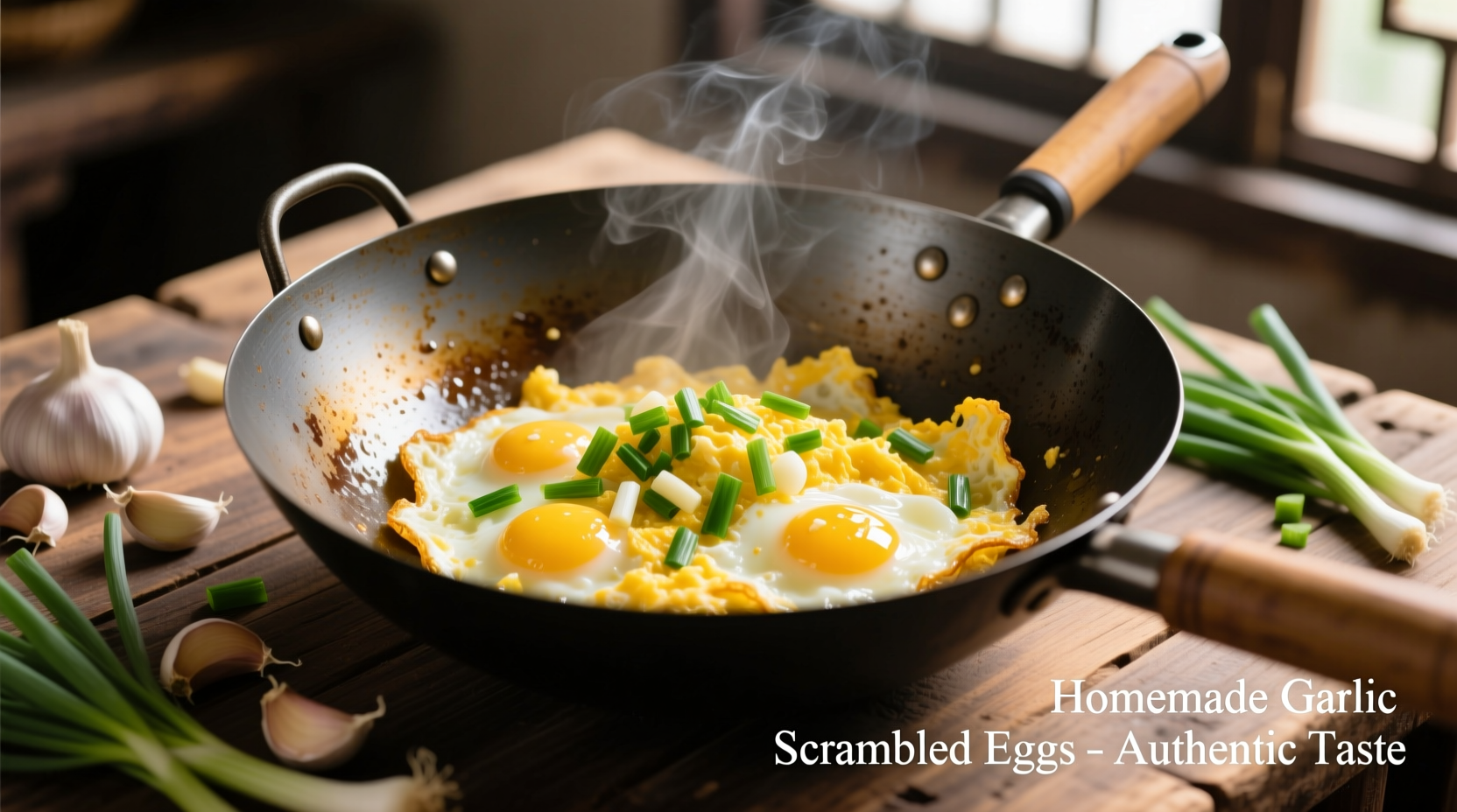 Perfectly cooked garlic scrambled eggs in wok