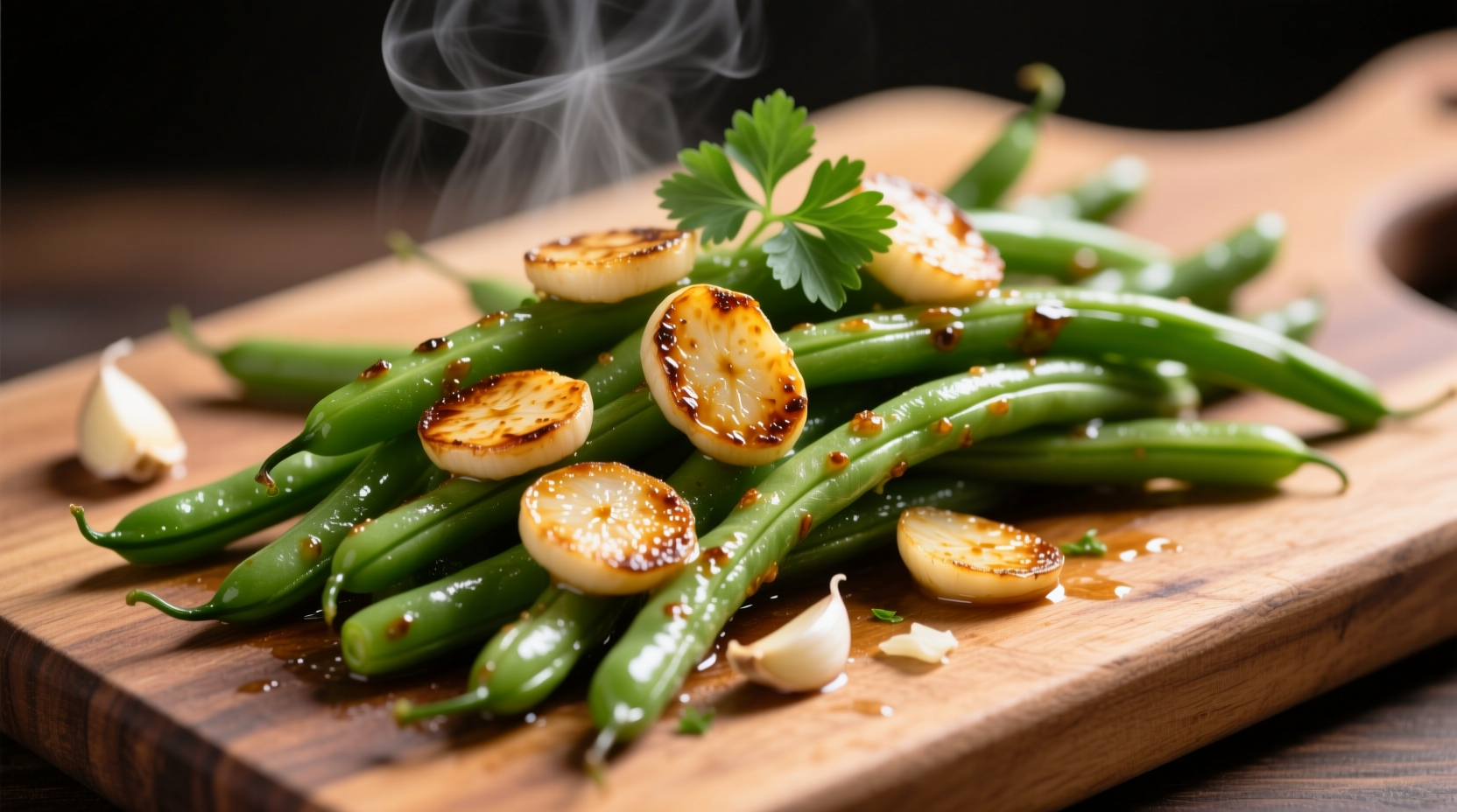 Perfectly sauteed green beans with golden garlic