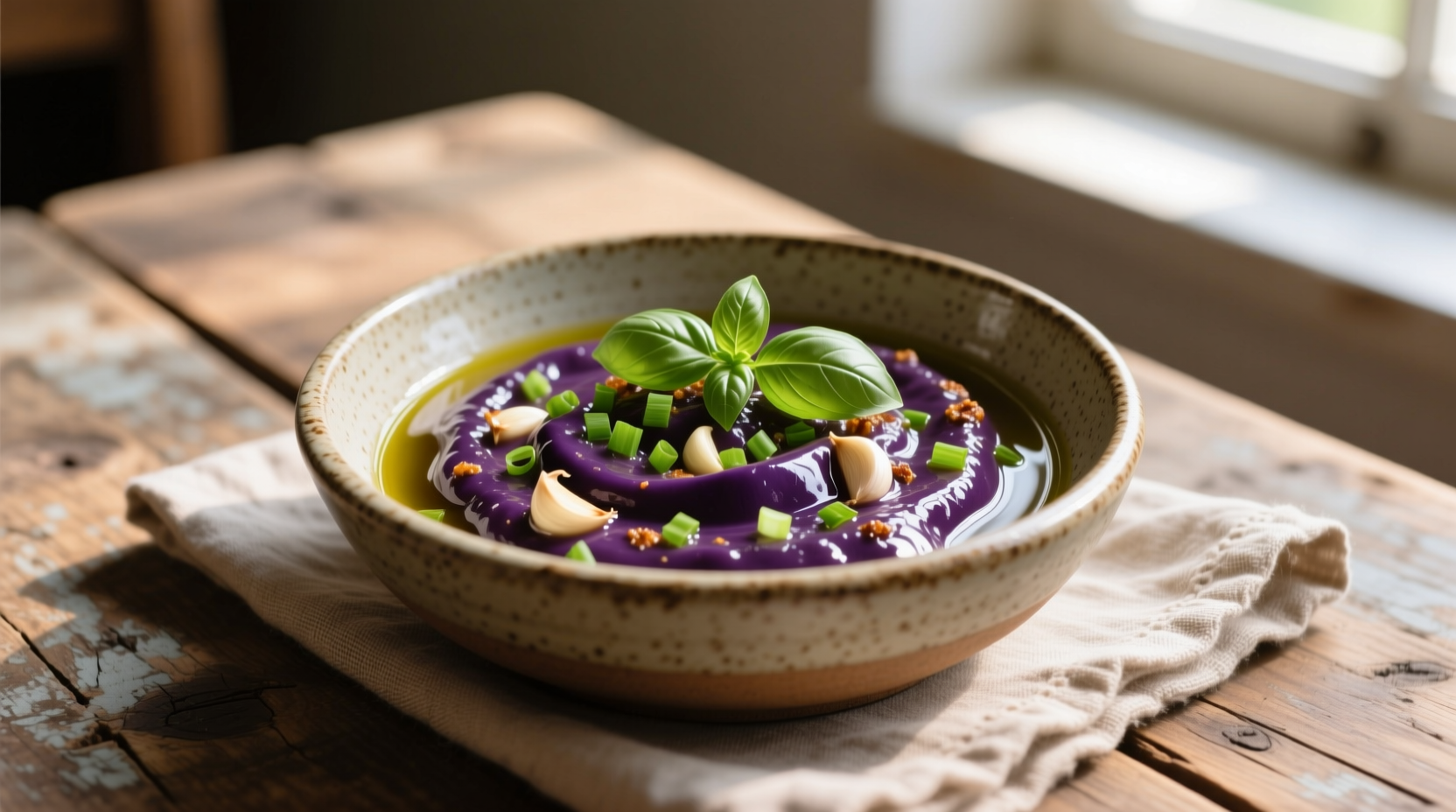 Homemade garlic eggplant sauce in ceramic bowl