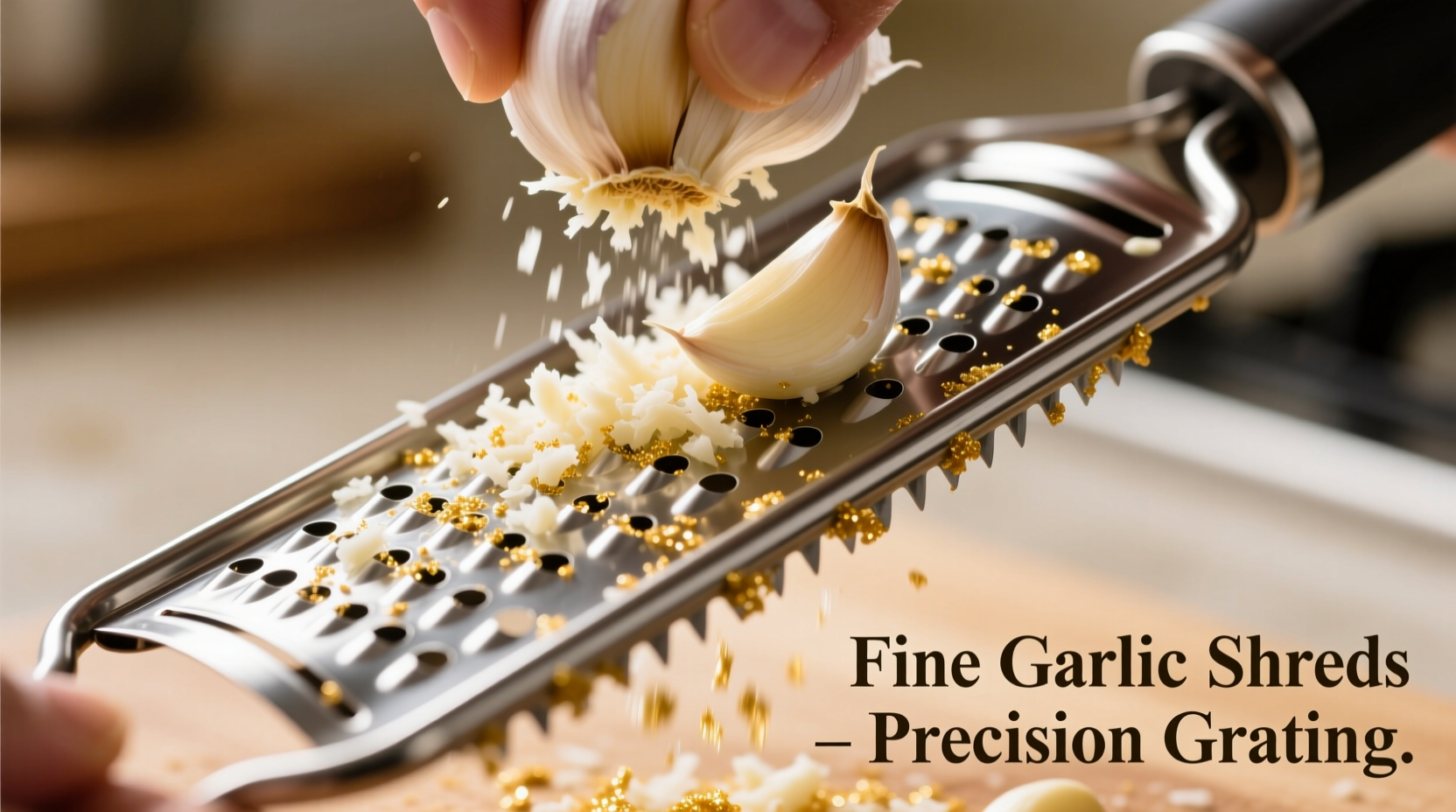 Microplane grater creating fine garlic shreds for cooking