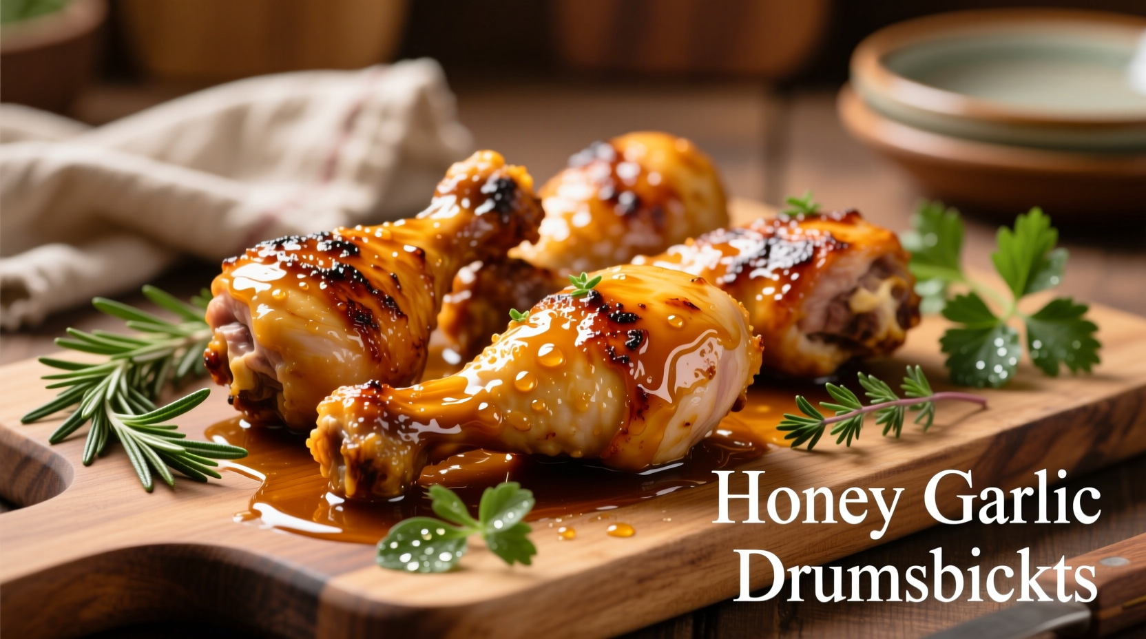 Golden honey garlic chicken drumsticks with fresh herbs