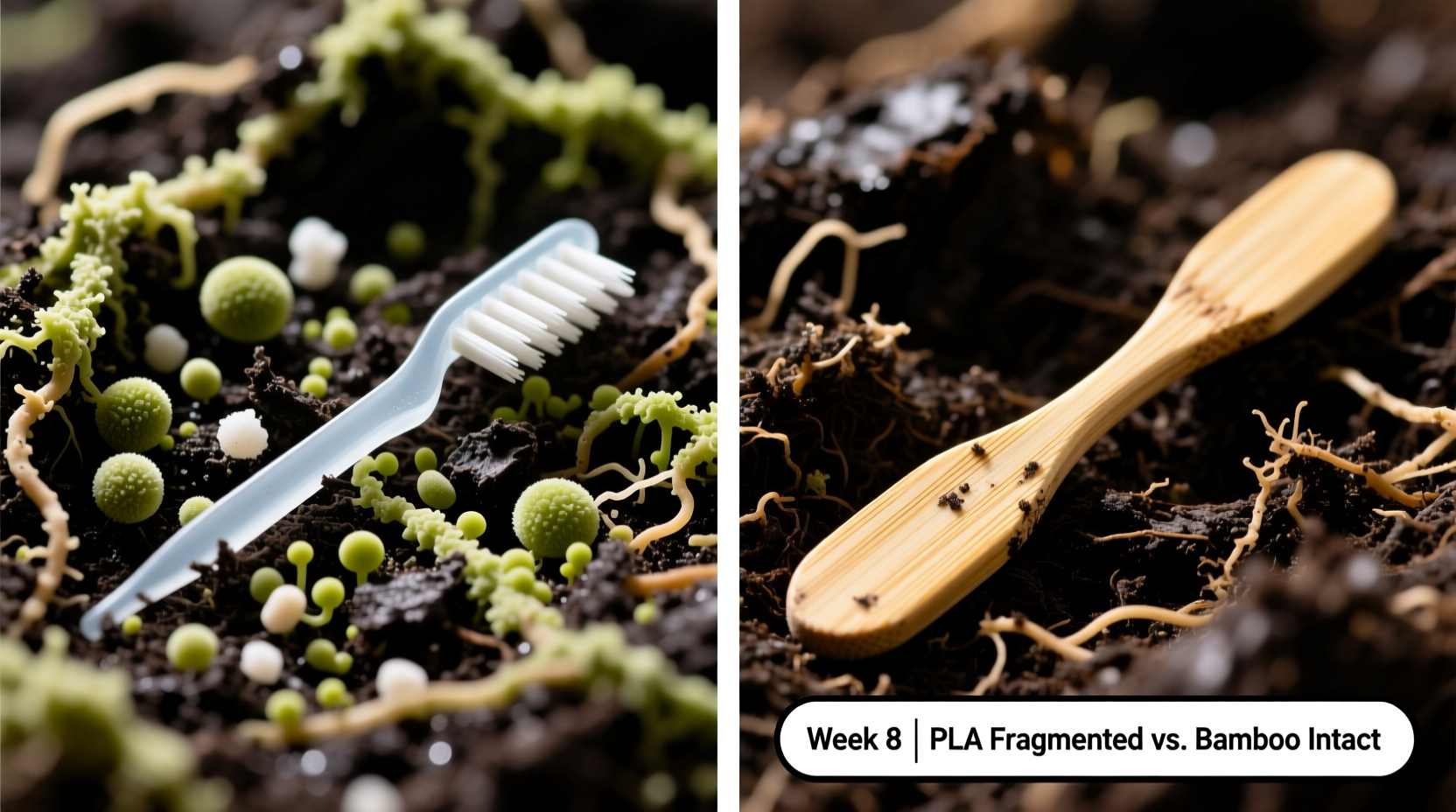 Side-by-side time-lapse images: certified PLA floss pick fully fragmented at Week 8 in industrial compost vs. intact bamboo pick with visible grain structure at same stage