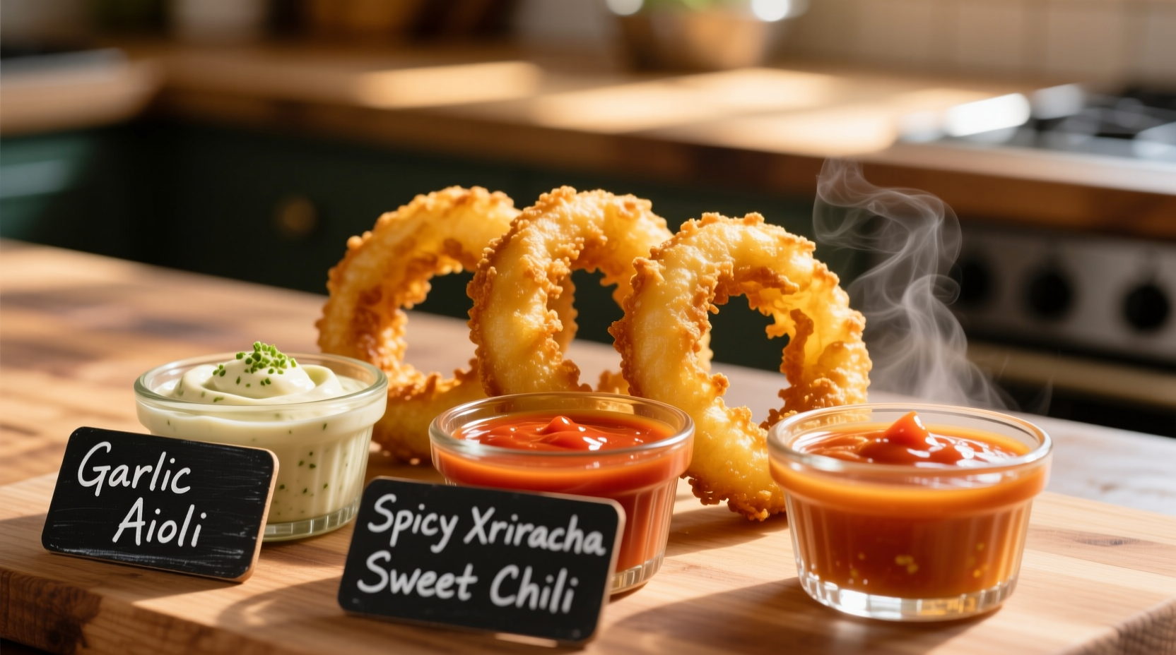 Three dipping sauces with golden onion rings