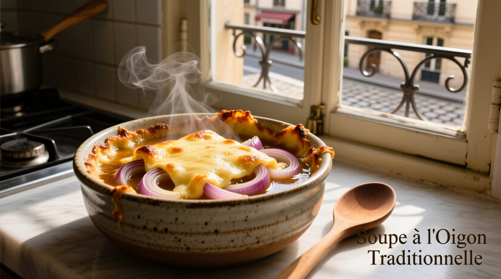 Traditional French onion soup served in ceramic bowl with melted cheese