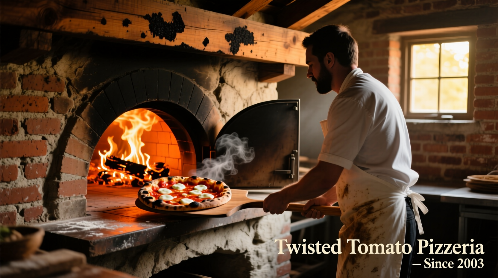 Wood-fired pizza oven at Twisted Tomato Pizzeria