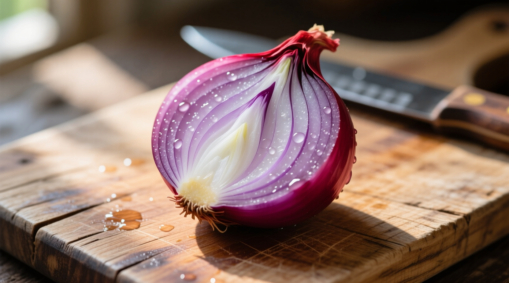 Fresh red onions with purple layers on wooden cutting board
