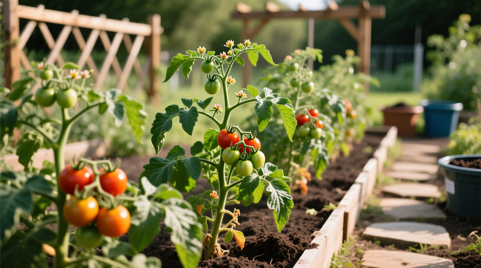 Tomato plants properly spaced in garden bed